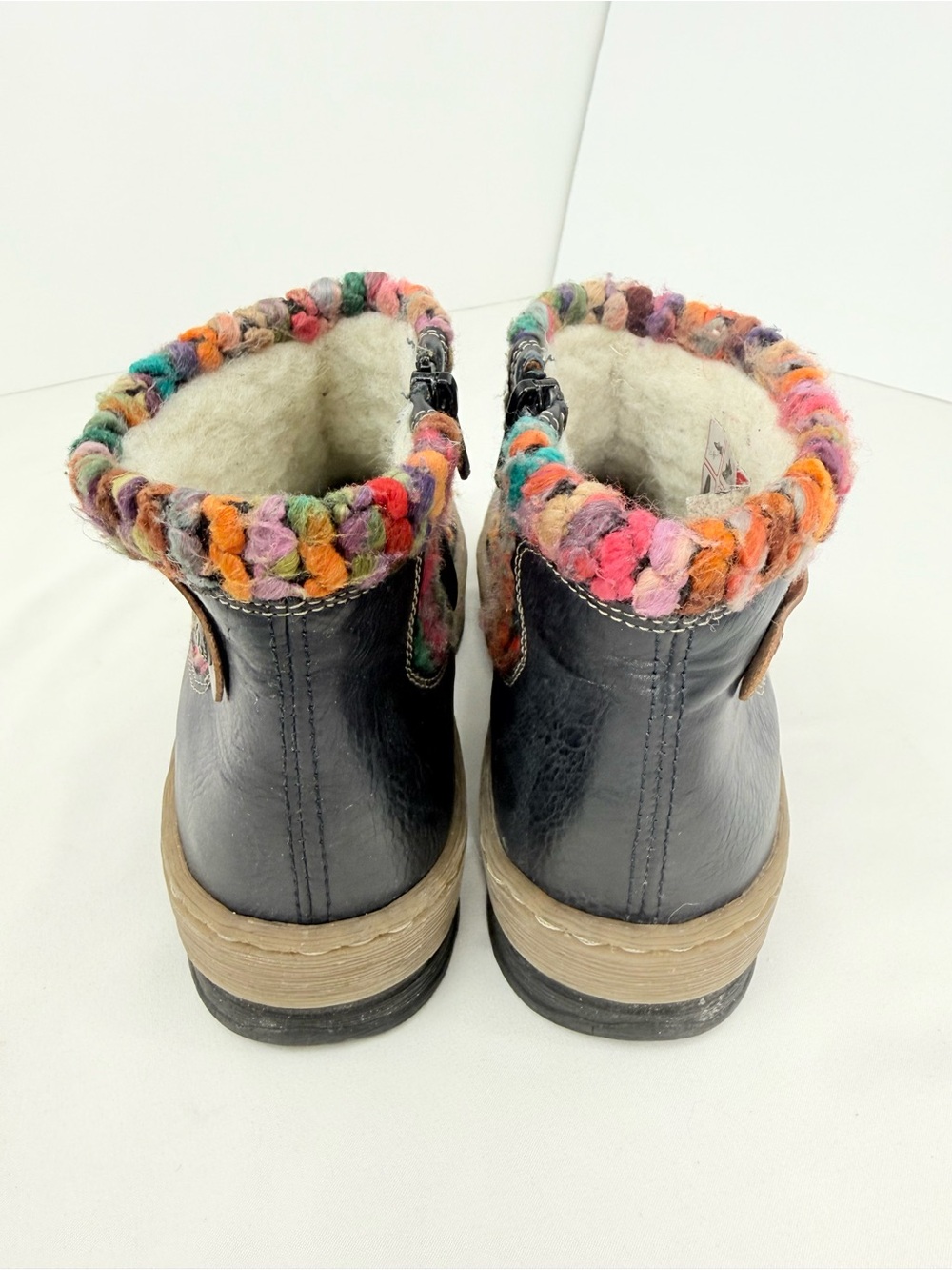 Rieker FELICITAS Ocean Blue Leather Multicolor Yarn Wool Fleece Zip Ankle Boots - Picture 12 of 16